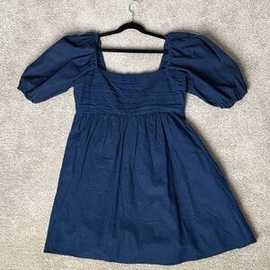 Abercrombie Navy Blue Emerson Linen-Blend Puff Sleeve Dress